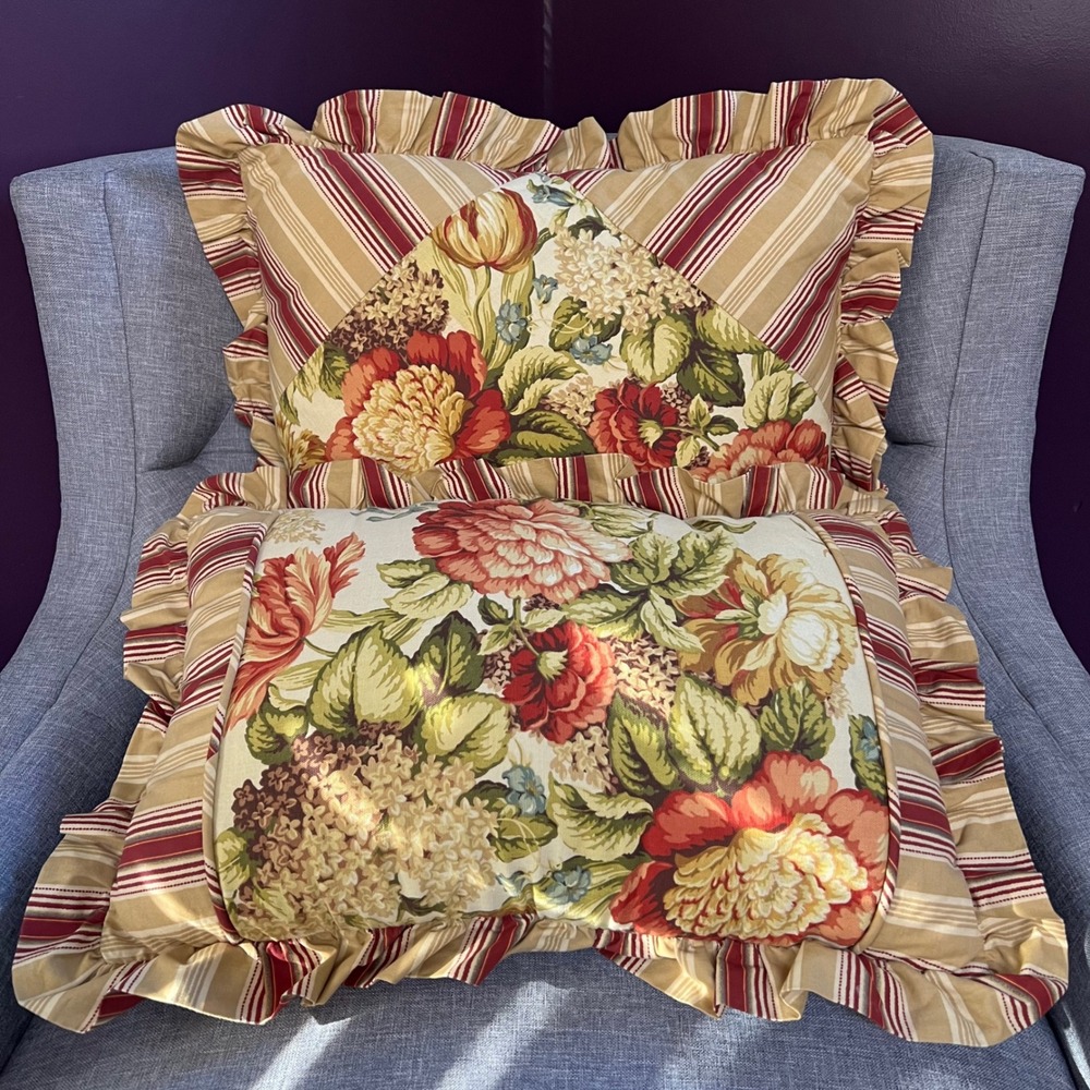 Waverly Floral Rose Peony Hydrangea Striped Ruffle Pillows‎ Square Oblong Set